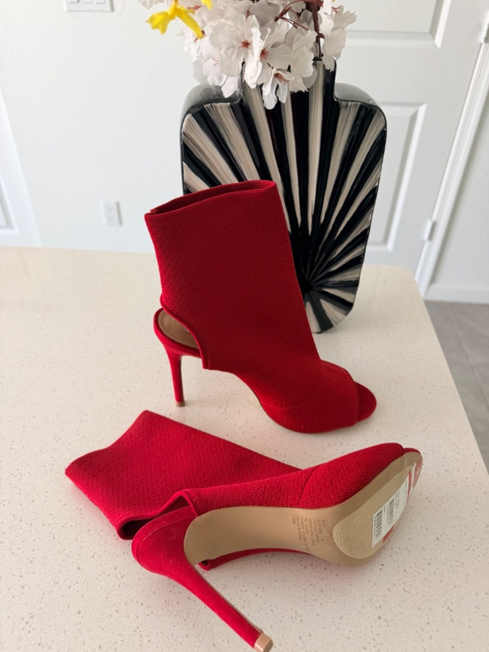 Red Ribbed Steve Madden Open Toe Booties - Picture 4 of 5